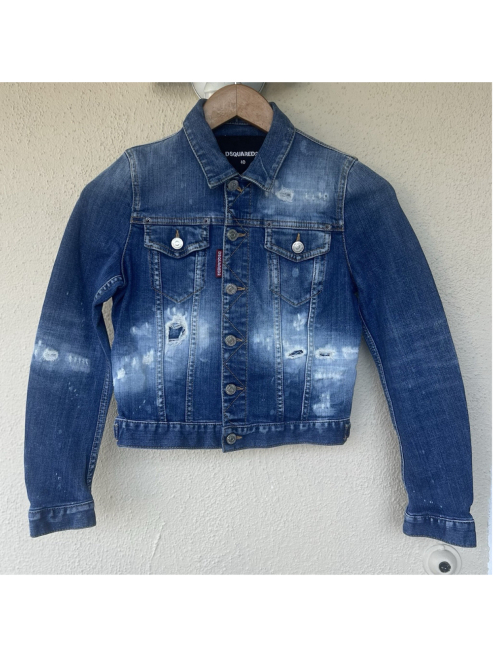 DSQUARED2 Blue Denim Distressed Splatter Detail Cropped Jean Jacket IT 40 US 4